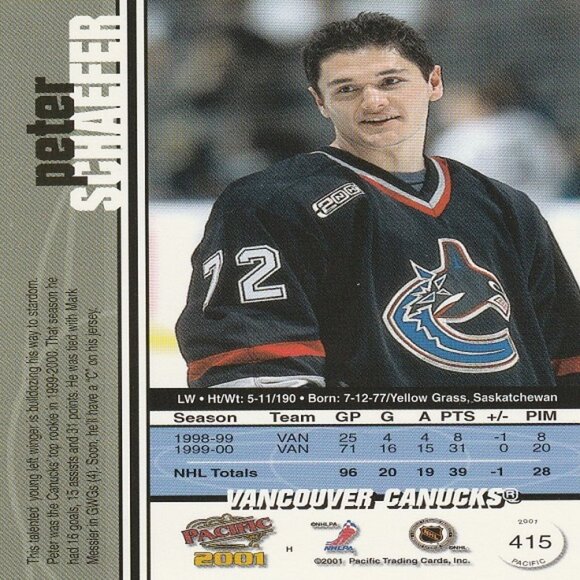 Peter Schaefer (Canucks) Vintage 2001 Pacific NHL Trading Card - Card Number 415 - Picture 2 of 2